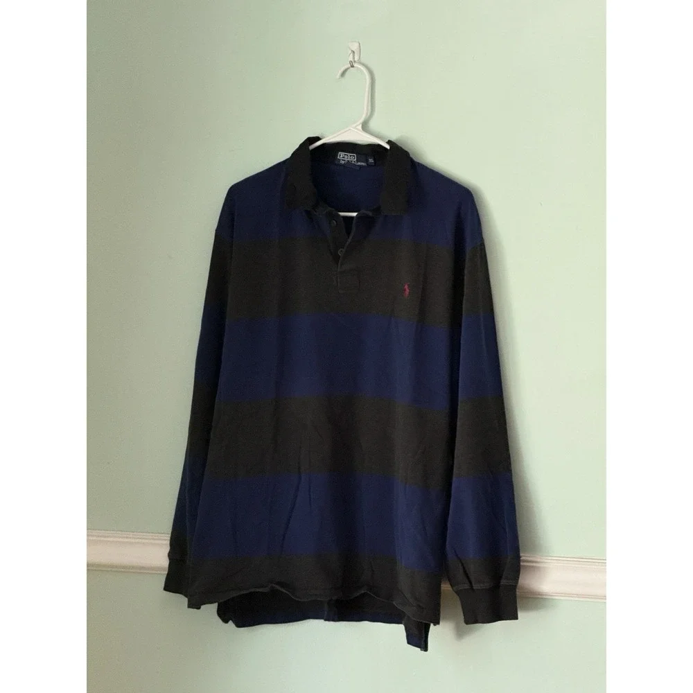 VTG 90s Polo Ralph Lauren Blue Gray Stripe Rugby Shirt Sz XL‎ Preppy Classic